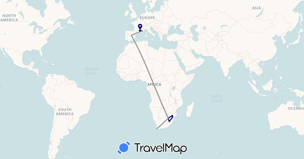 TravelMap itinerary: driving, plane in Spain, France, Swaziland, South Africa (Africa, Europe)